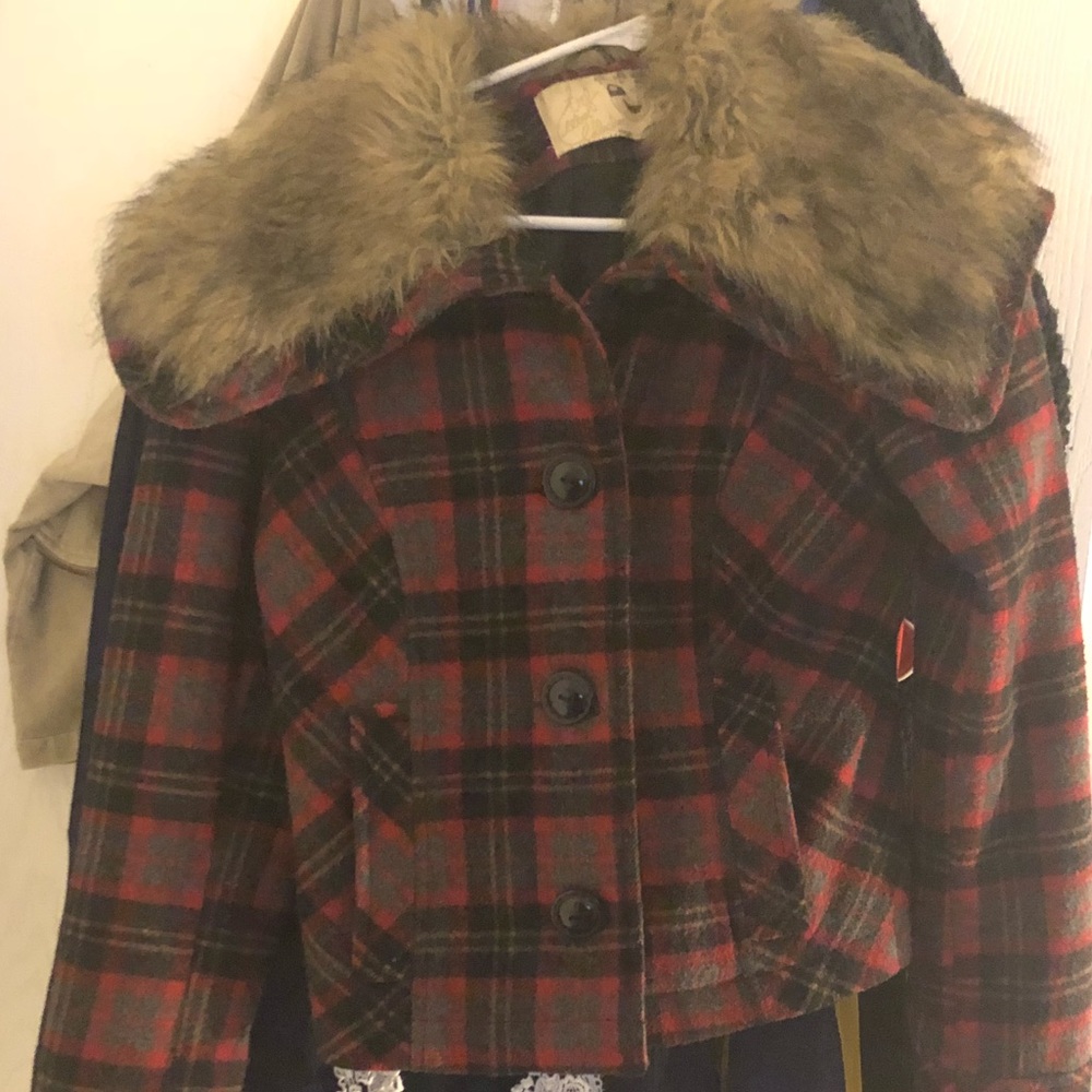 Red, gray and black fur jacket!